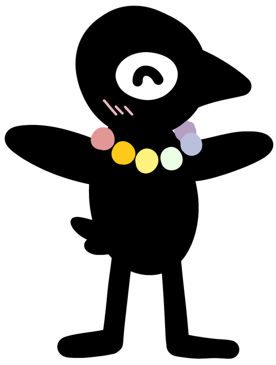 A simplistic black-feathered bird, with many balls of color around its neck. It looks happy, and has its wings raised cheerfully.