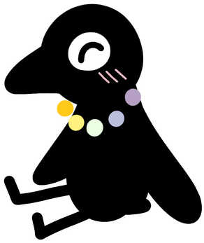 A simplistic black-feathered bird, with many balls of color around its neck. It looks happy, and is sitting down.