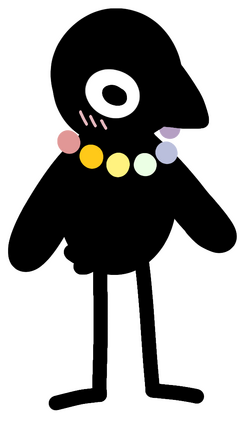 A simplistic black-feathered bird, with many balls of color around its neck.